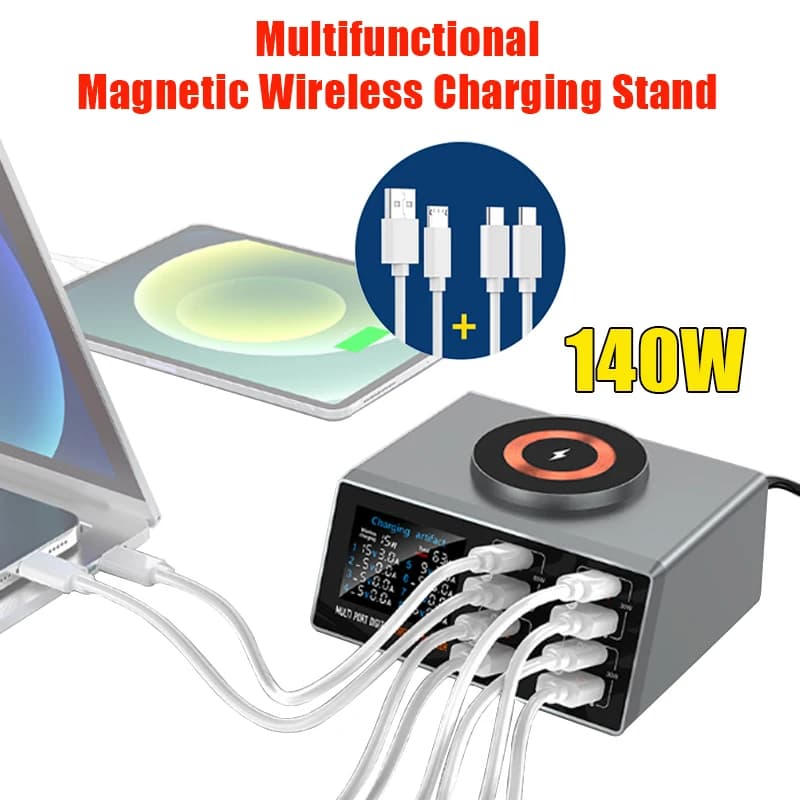 Stazione di Ricarica Multi-Porta 140W con Schermo LCD a Colori, Supporto di Ricarica Wireless Magnetico Multifunzionale per Telefoni e Laptop