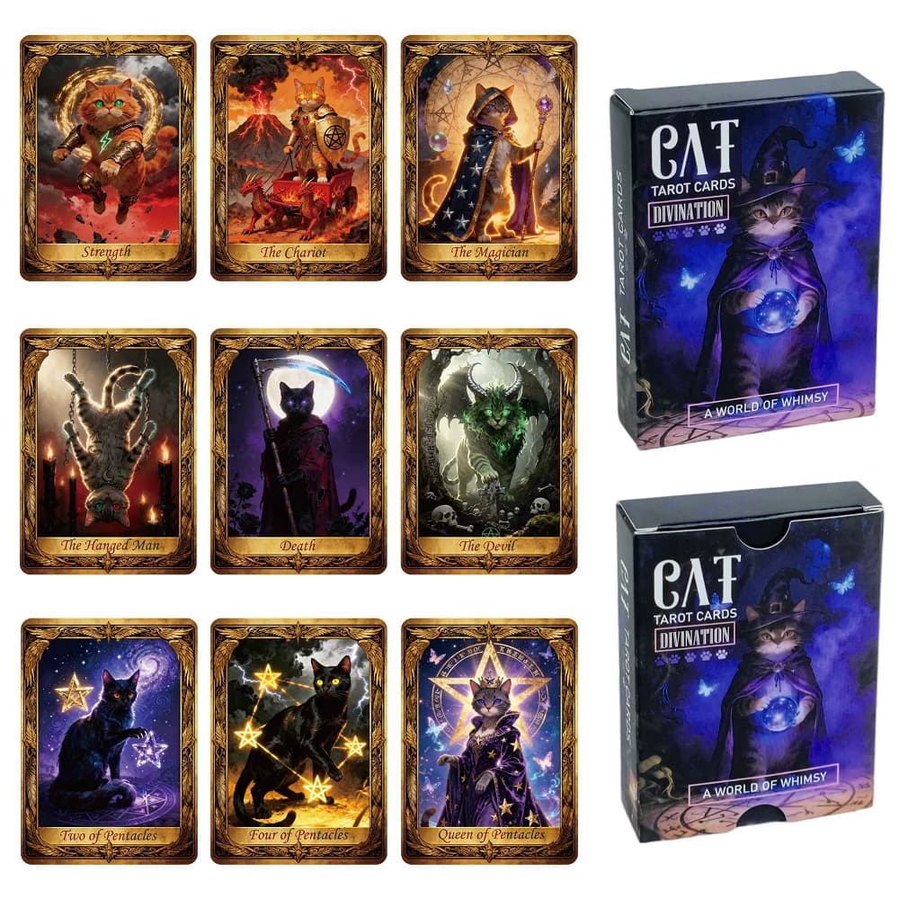 Set di 50 Carte dei Tarocchi a Tema Gatto, Gioco da Tavolo, Carte Divinatorie a Tema Aworld of Whimsy, Carte per Feste in Famiglia