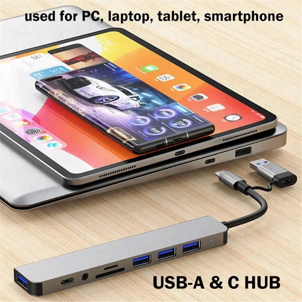 Adattatore multiporta hub USB C 8 in 2 Dock a 3 porte per Xiaomi Phone Tablet Tipo C Splitter Trasferimento e ricarica rapida dei dati