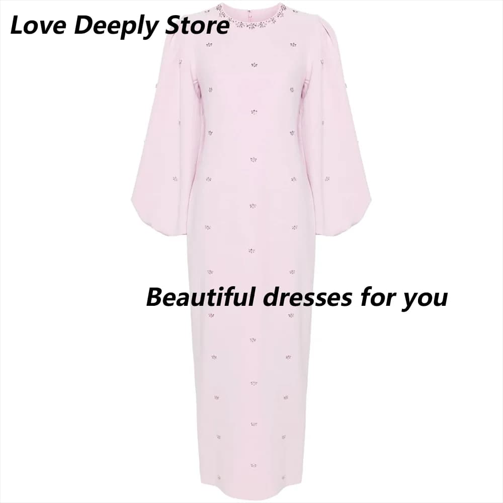 Pale Pink Evening Dress Customized O-Neck Fluffy Long Sleeves Crystal Jersey Midi Dress Elegant Back Slit Party Dresses