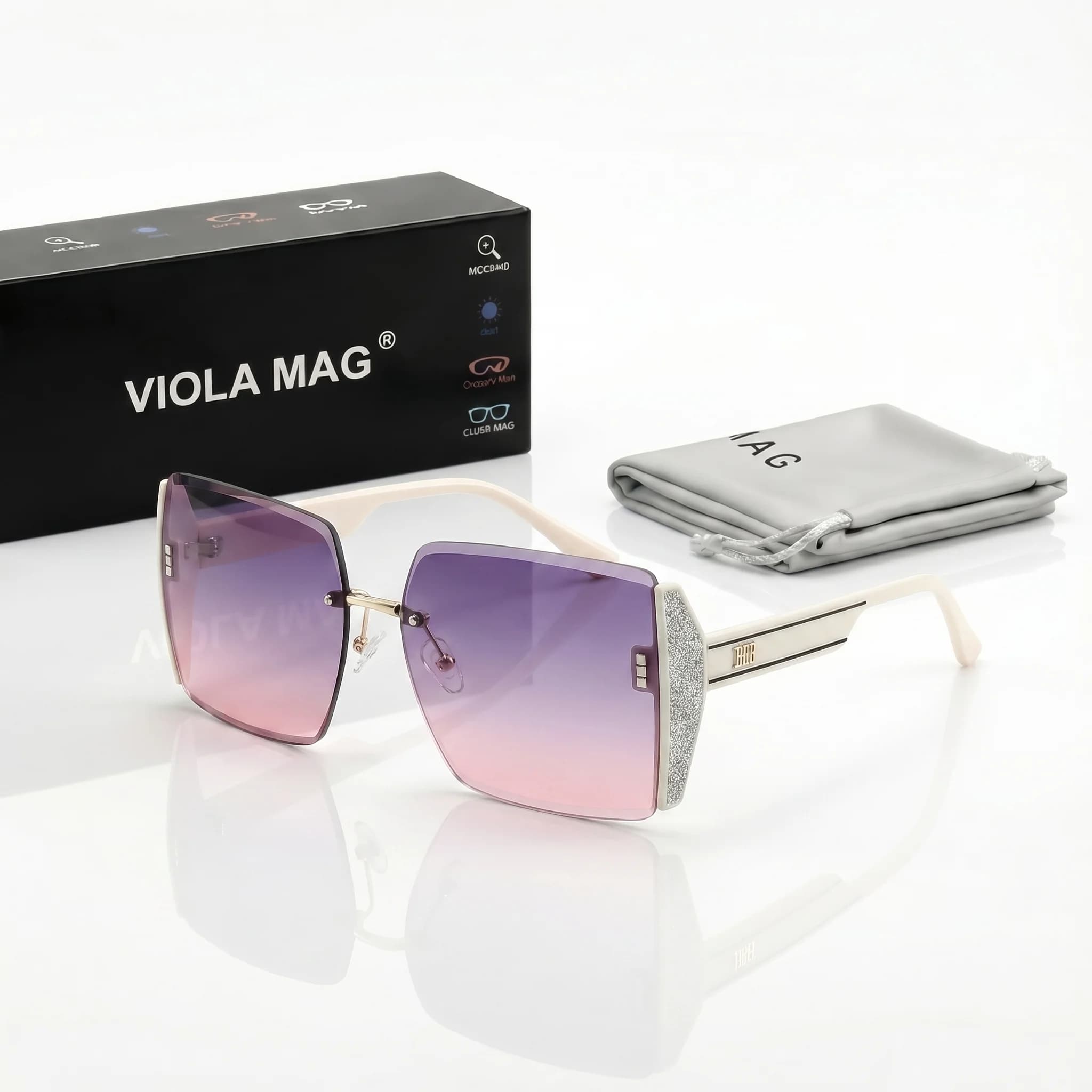 Occhiali VIOLA MAG di lusso leggero senza montatura con lenti sfumate, montatura grande unisex, ideali per viaggi, feste e uso quotidiano, con custodia per lenti