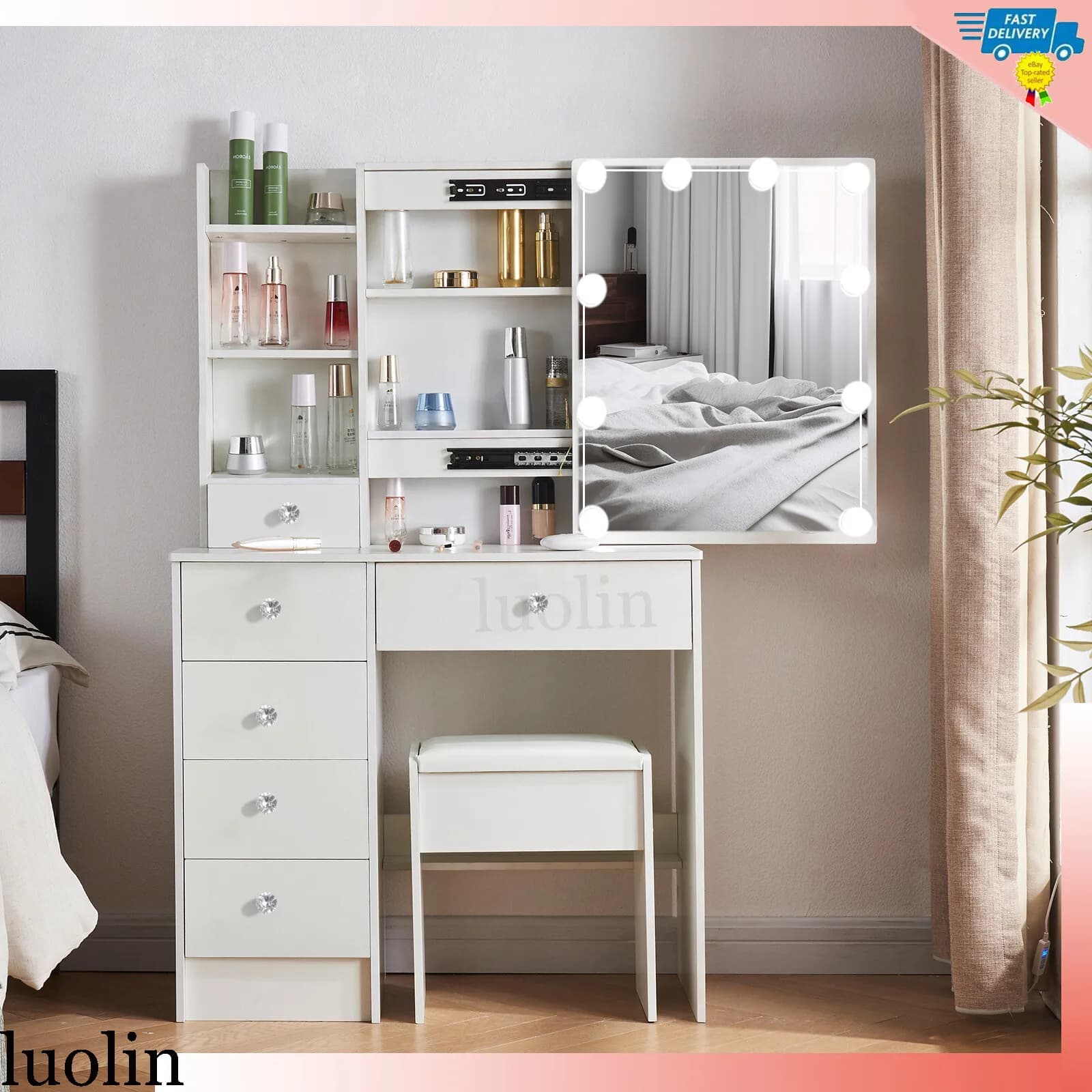 Toeletta Specchio Cassetti Vanity Makeup Sgabello da scrivania Set con luci a LED Bianco