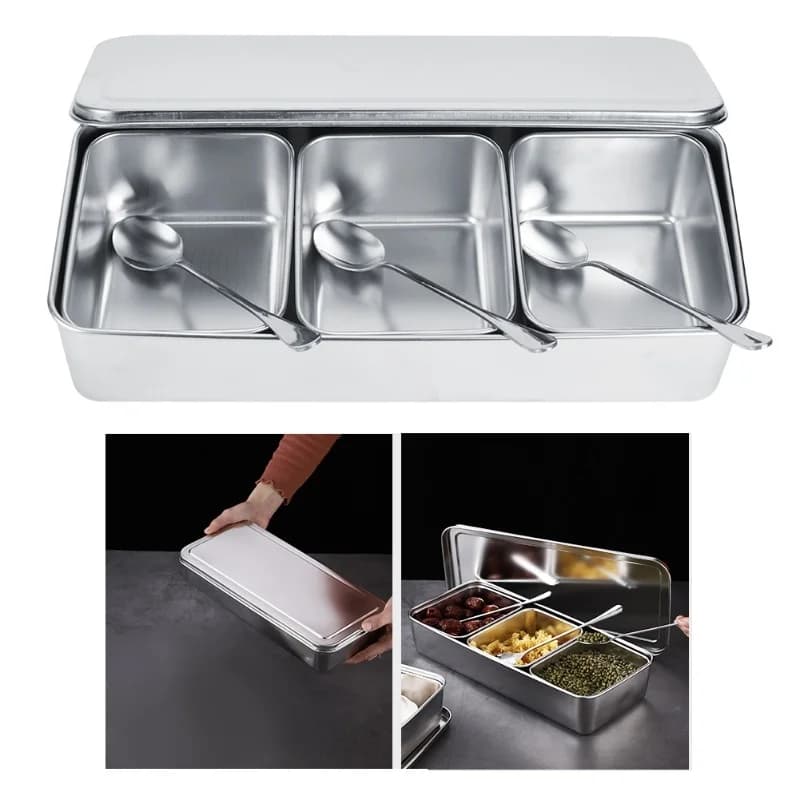 Set di Contenitori per Spezie in Acciaio Inox a 3 Scomparti con Cucchiai e Coperchio per Uso Domestico