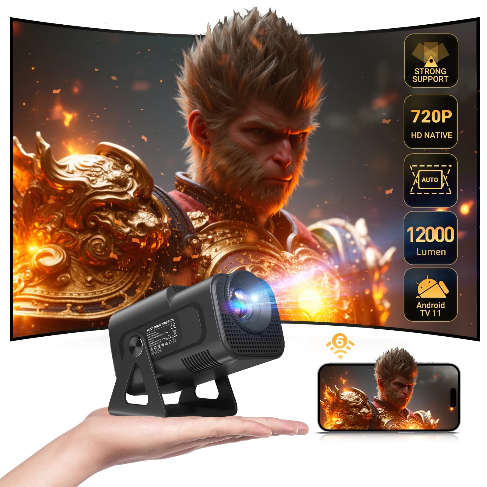 XGODY Proiettore 4K 1080P Full HD Smart HD LED 5G WiFi Bluetooth 12000L HDMI USB Android Home Theater