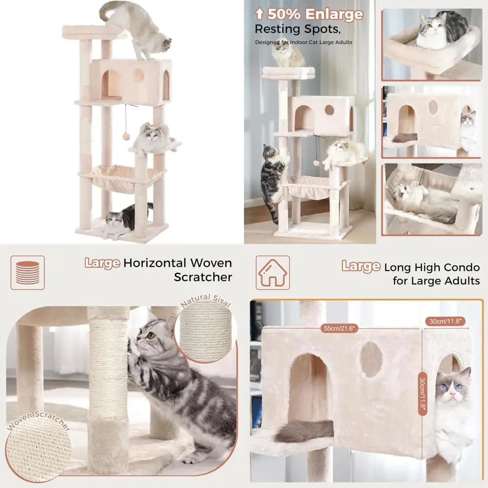 Grande Albero per Gatti Beige 54 con Amaca, Torre XL, Tiragraffi, Letto Superiore, Cuccia e Palla Interattiva per Gatti da Interno