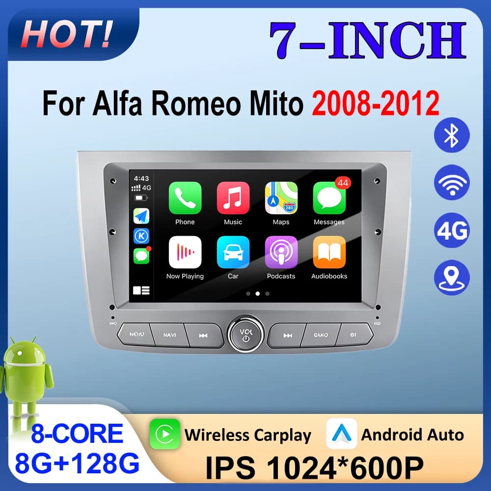 7Inch Android 16 For Alfa Romeo Mito 2008-2012 Car Radio Multimedia Player Navigation GPS Wireless Carplay 4G WIFI