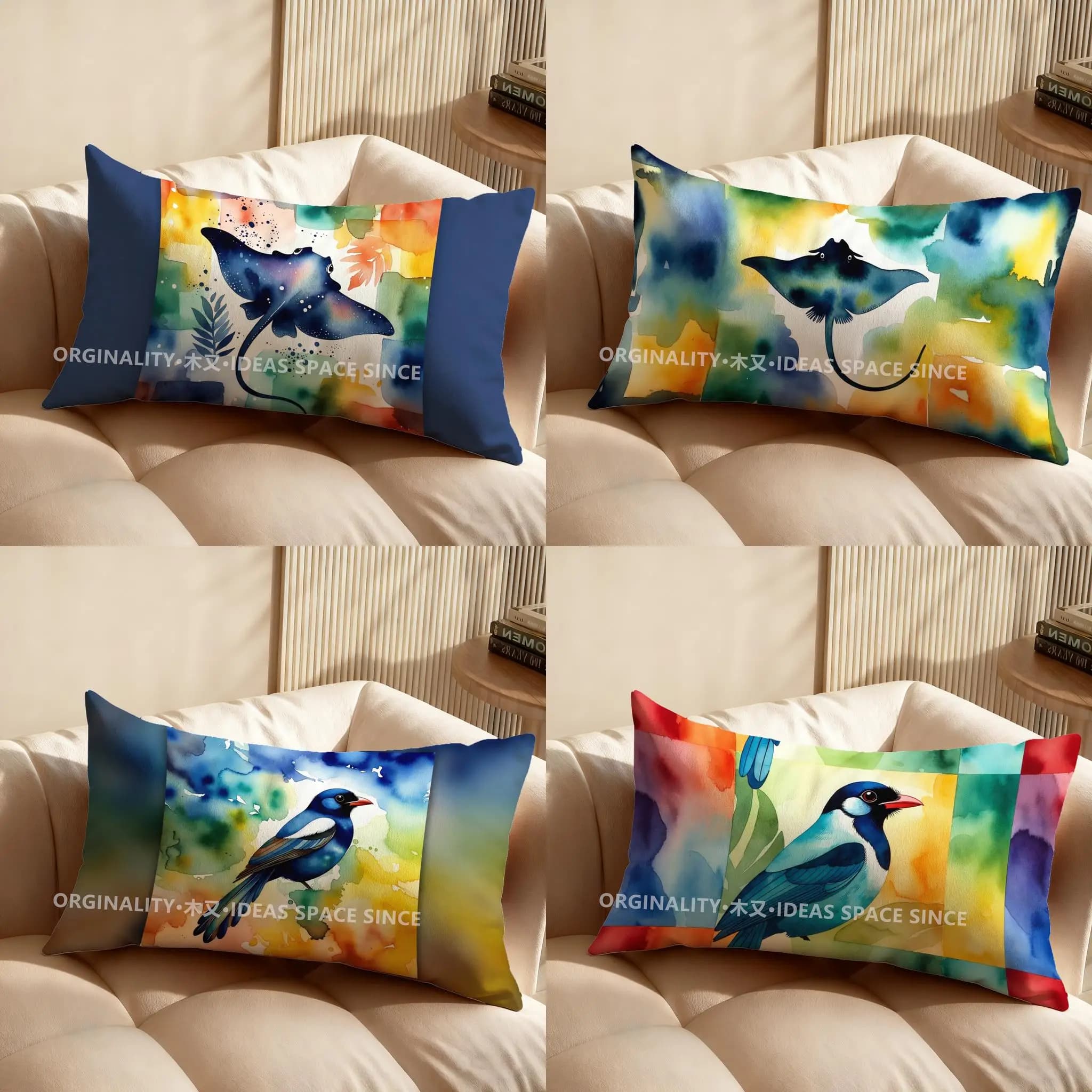 Cuscino stampato con motivo Manta Ray colorato 2D, adatto per divano, camera da letto, auto, cuscino rettangolare per la schiena