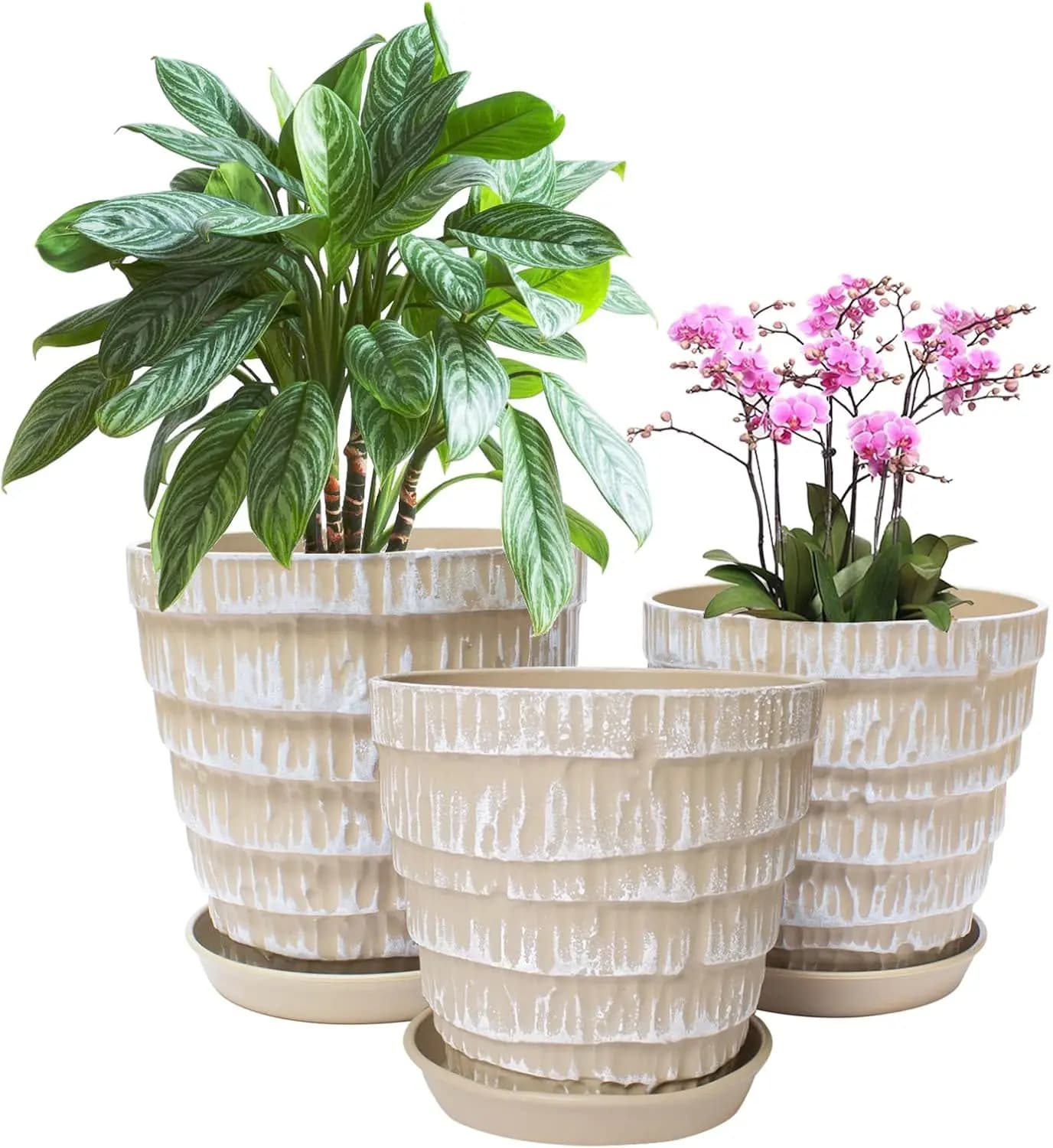 Set di 3 Vasi in Plastica 7.5/6.5/5.5 Pollici con Fori di Drenaggio e Sottovasi per Piante da Interno ed Esterno, Moderno Marrone Cemento