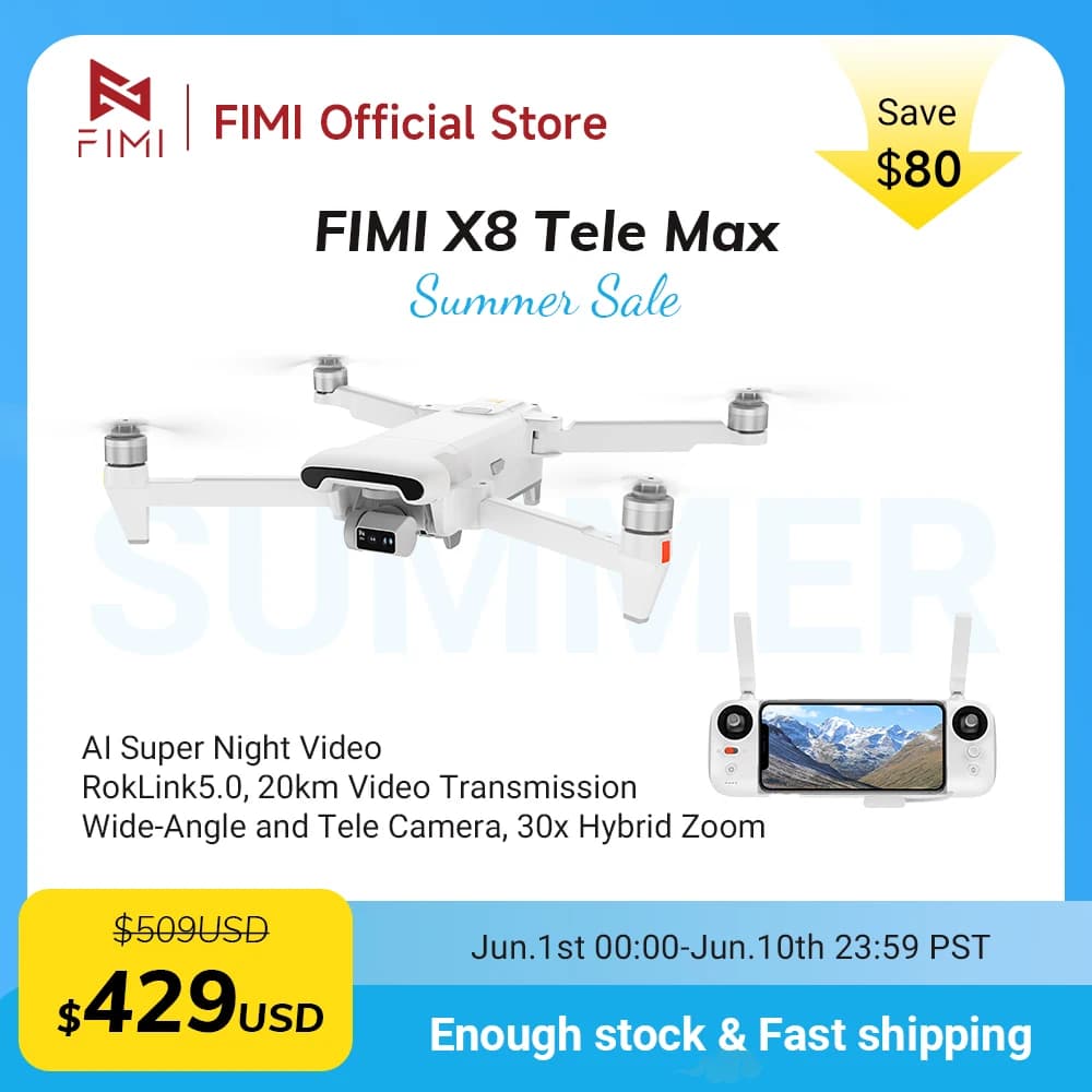 Drone FIMI X8 Tele Max con Telecamera Grandangolare CMOS da 1/2 Pollice, Zoom Ibrido 30x, 4K 60fps, Gimbal a 3 Assi, GPS, Video Notturno AI Super da 20km