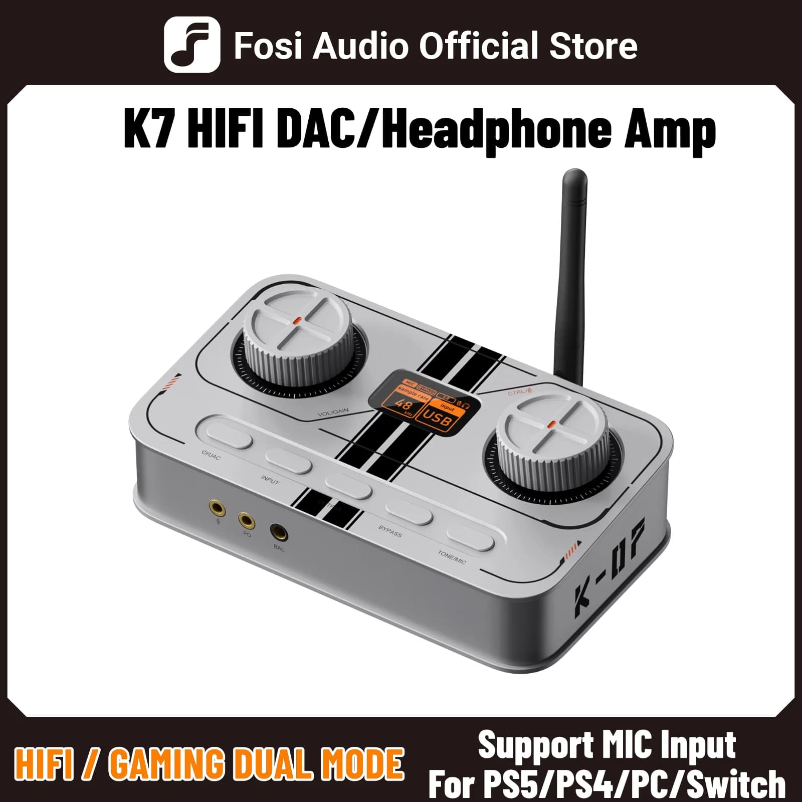 Fosi Audio White Gaming Headphone DAC Amp Bluetooth HiFi Desktop DAC Amplifier per PS5 PC Switch Ingresso microfono Uscita 3,5 mm/4,4 mm