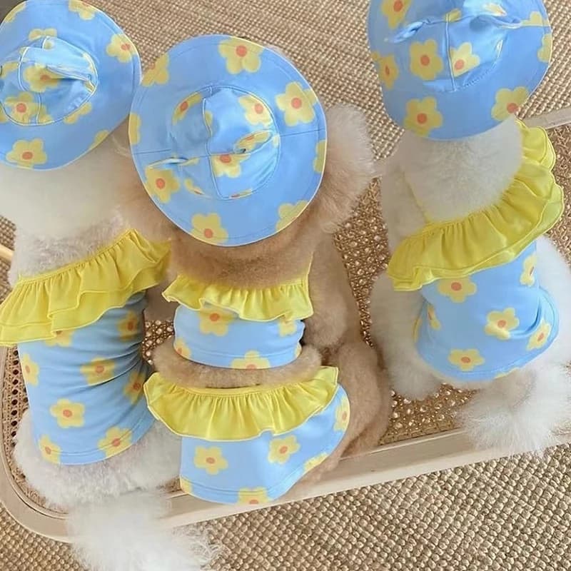Abito da spiaggia e berretto Set da 2 pezzi Vestiti estivi per animali domestici Costume da bagno per cani con stampa carina per cani di piccola taglia Costume da Bulldog francese Schnauzer