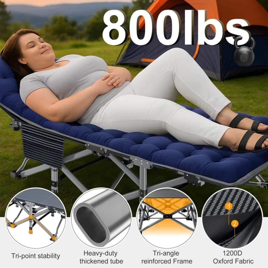 Adult camping cot, extra wide 28 inch, portable folding bed in Oxford 1200D fabric durable for sleeping, with mattress and bag for transport