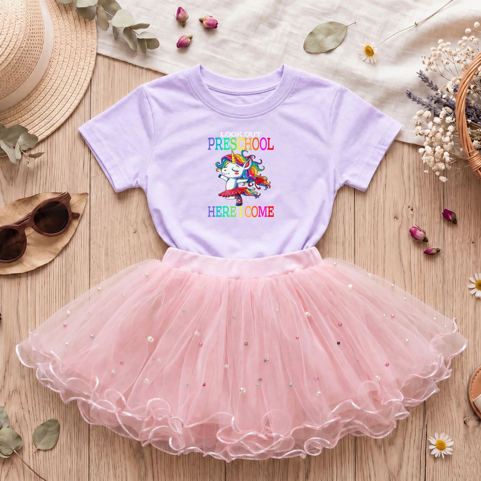 Summer Toddler Girls School 2pcs Clothing Set Grade 1 2 3 4 Unicorn T-shirt Tulle Fluffy Tutu Skirt Girl Preschool Ouftis