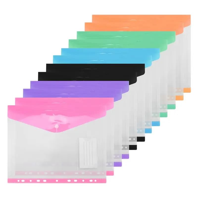 A46M-12Pack Cartella portadocumenti in plastica A4, tasche espandibili perforate A4 per cartelle A4, con chiusura a scatto e tasca per etichette