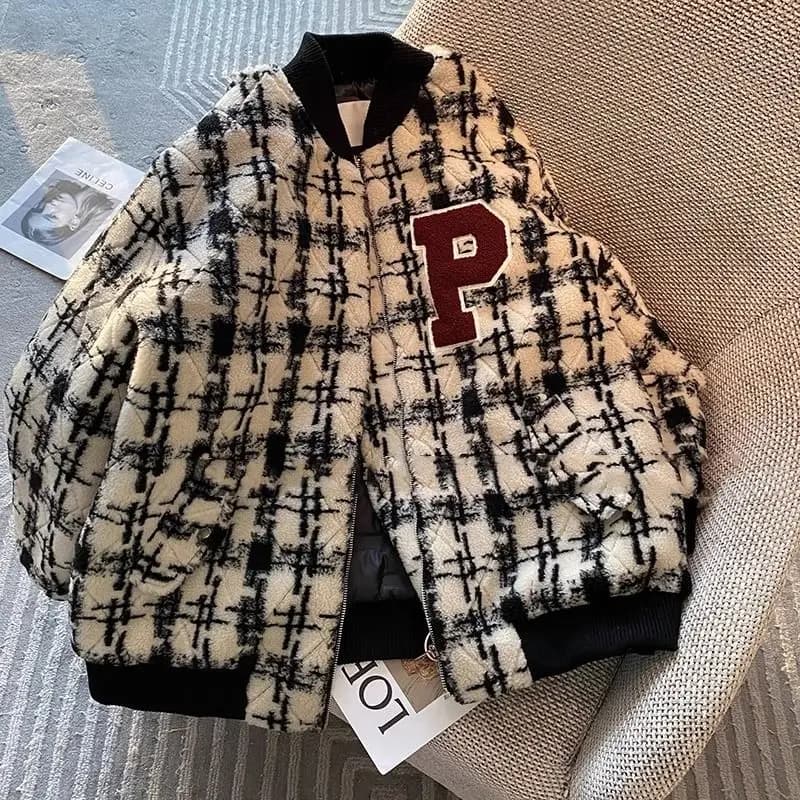 Large Size American High Street Lamb Fur Jacket Autumn Winter Men's Plaid Baseball Style Coat Warm Thickened Cotton