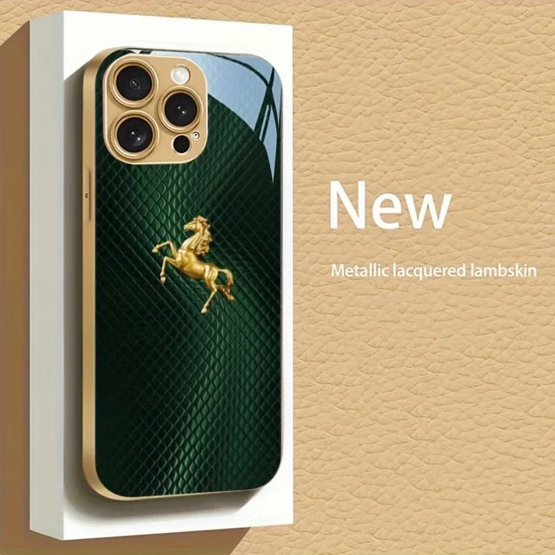 Green Plaid Gold Horse Pattern Metallic Paint Glass Phone Case For iPhone 18 17 16 15 14 13 12 11 Pro Max Plus 17 Air Cover