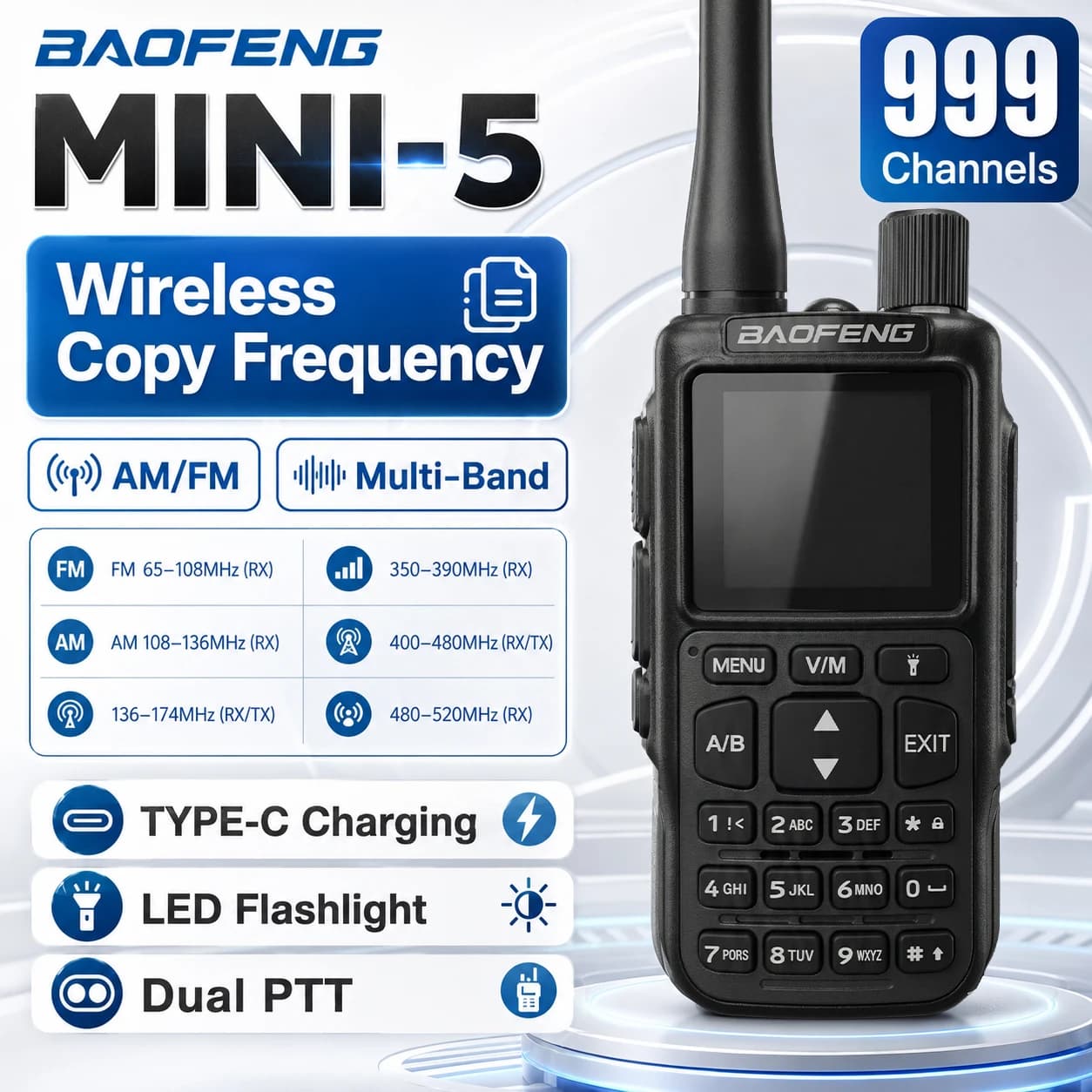 Ultra Slim BAOFENG MINI5 Handheld Radio VHF/UHF Air Band Long Range Rechargeable Civil Walkie Talkie Two Way Communication