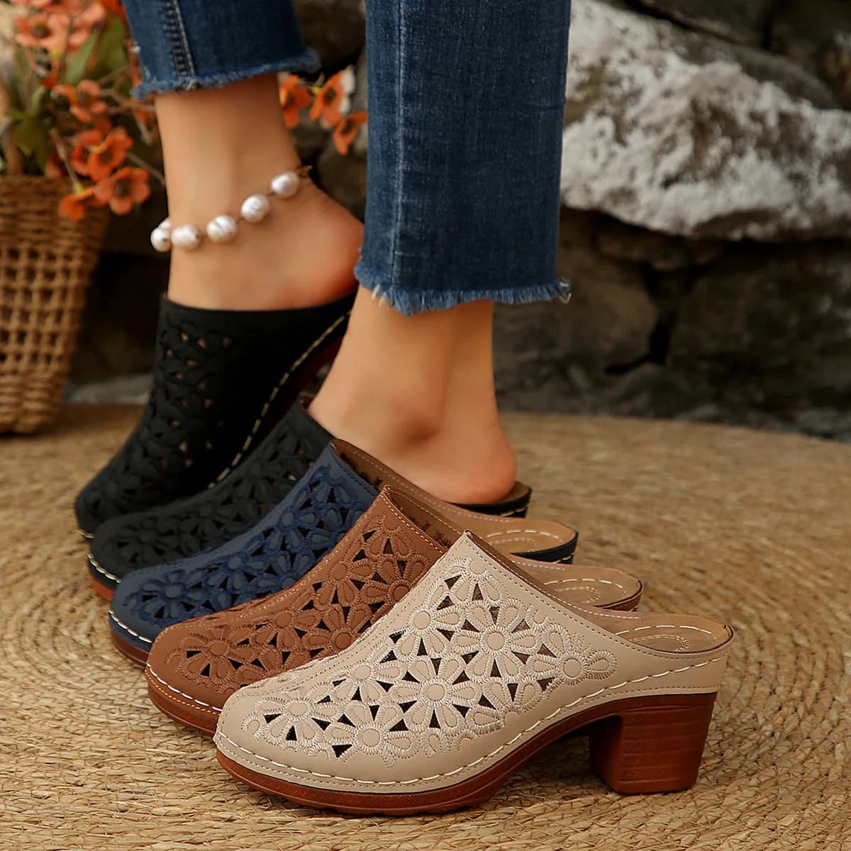 Women Floral Cutout Mules Clogs Vintage Hollow Embroidery Block Heel Slip On Backless Sandals Casual Closed Toe Shoes