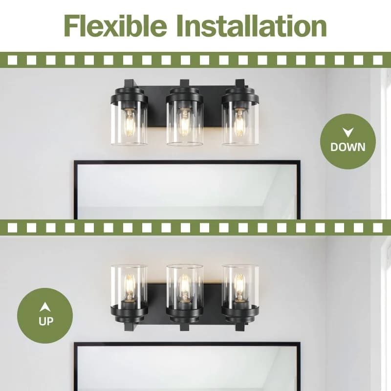 3-Light Bathroom Vanity Light, Black Modern Wall Sconce with Clear Glass Shade, E26 Base, Dimmable Wall Mount Lamp for Bathroom Mirror, Cabinet, Bedroom (3000K/4500K/6000K)