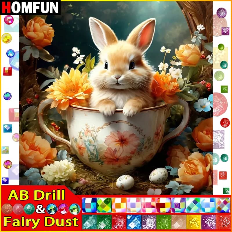 HOMFUN Fairy Dust AB Diy Full Square Round Drill 5D Diamond Painting Diamond ricamo "Animal Rabbit" Home Decor Gift