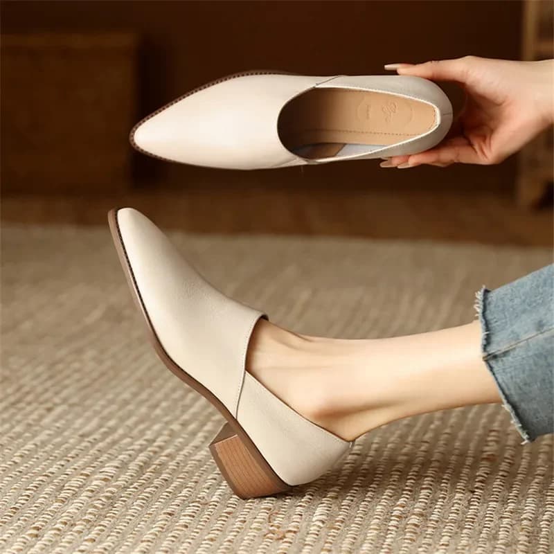 Nuove donne primavera/estate pompe scarpe da donna in pelle di pecora scarpe a punta mocassini con tacco grosso scarpe in vera pelle per le donne fatte a mano