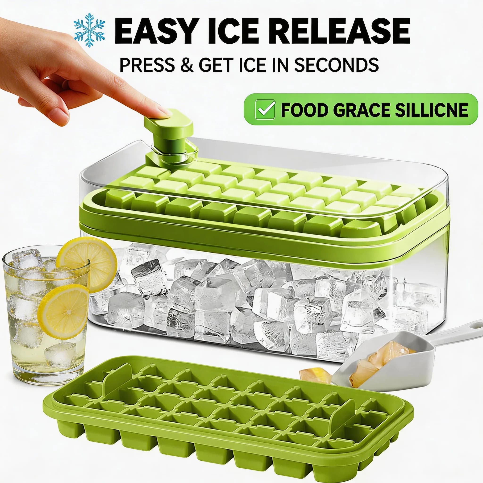 Stampo per Cubetti di Ghiaccio in Silicone con Coperchio, Scatola Portaoggetti con Paletta, Produttore di Ghiaccio a Un Clic, Lavabile in Lavastoviglie, Facile da Pulire, Accessori per Cucina e Bar