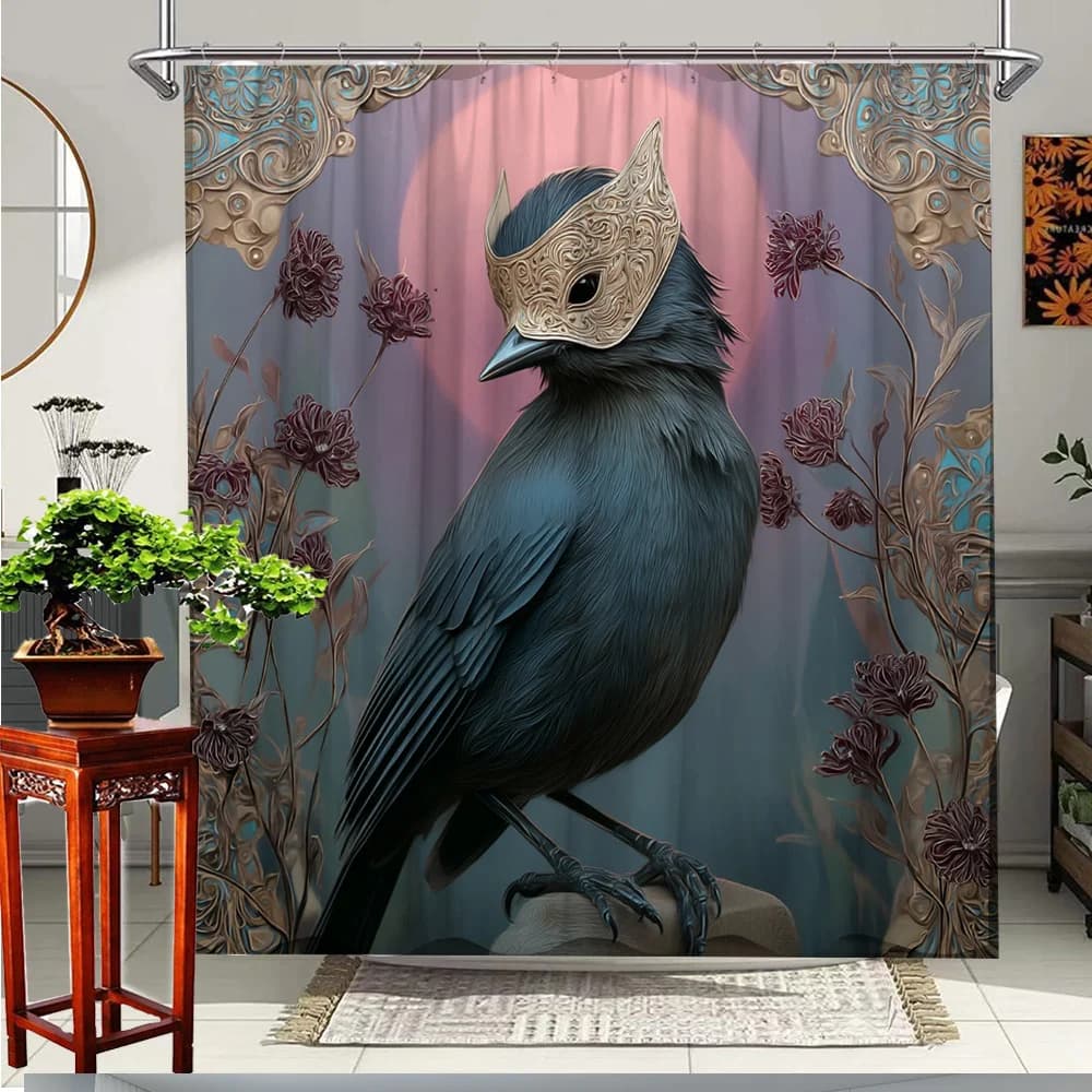 1 tenda da doccia con maschera a forma di uccello - Design floreale vivace con uccellino blu e maschera, 70. 8x70. 8 pollici, tessuto in poliestere, inclusi accessori