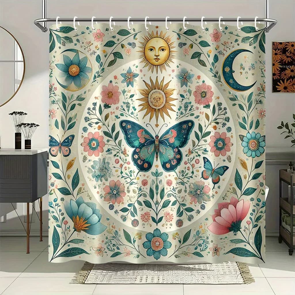 Butterfly Shower Curtain Waterproof Fabric Bathroom Curtains Floral Garden Bath Screen Divider Home Decor With Hooks