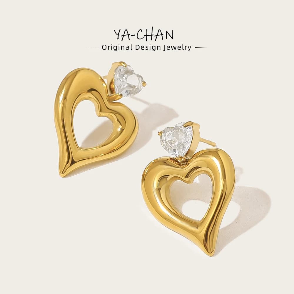 YACHAN Luxury Zircon Love Heart Stainless Steel Earrings for Women Chic 18K Gold Plated Waterproof Trendy Jewelry