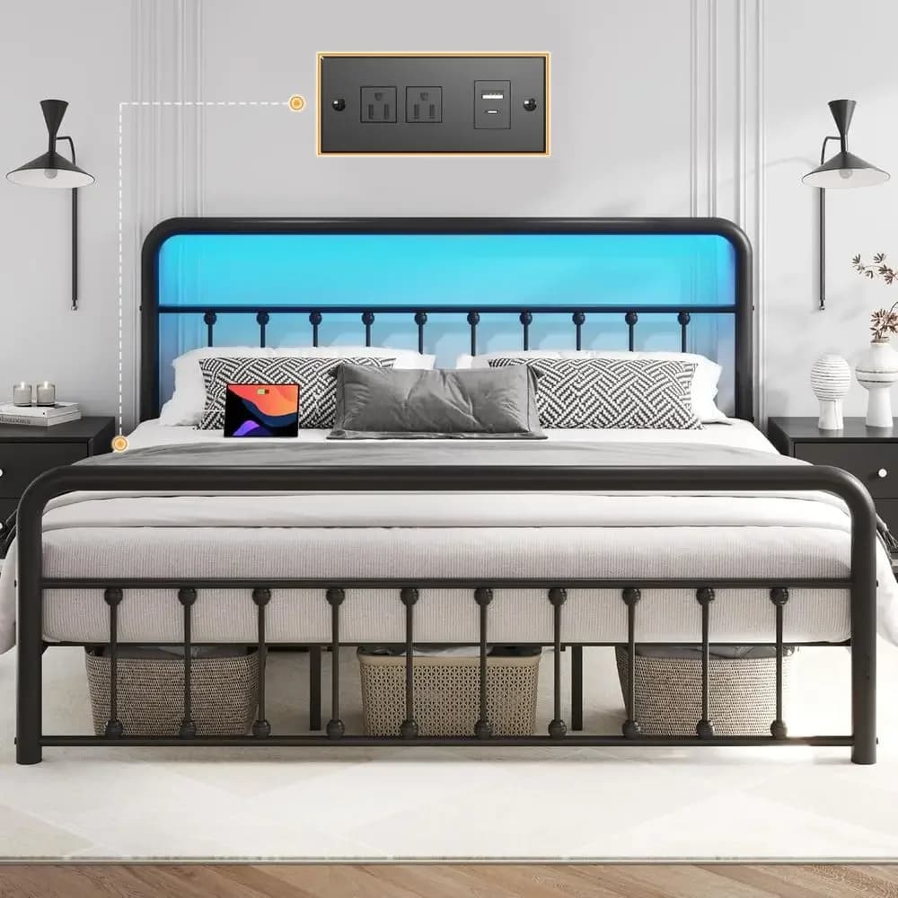 Letto matrimoniale king size in metallo da 14 pollici con stazione di ricarica, luce LED, piano in ferro battuto, contenitore sotto il letto, non richiede rete a molle