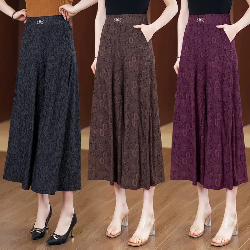Summer Casual Wide Leg Mom Pants Slimming Skirt Elastic Print Women's Jeans Nine Point plus Size Comfortable High Waist Trousers