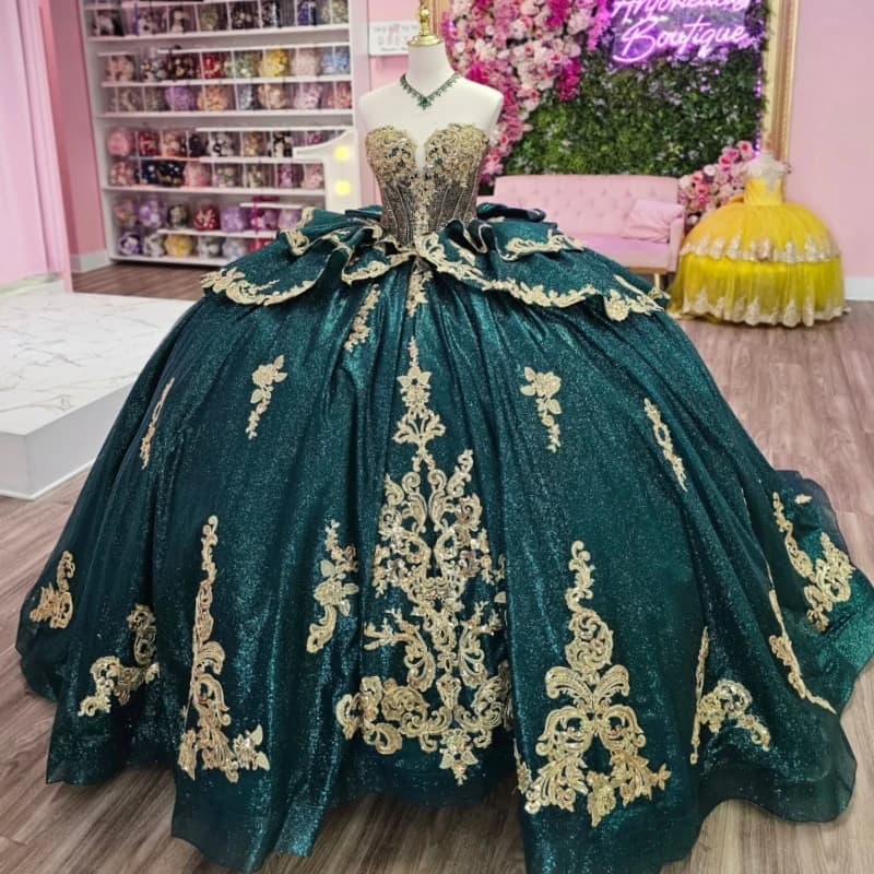 Abiti Quinceanera neri verdi lucidi con spalle scoperte Applique dorate Perline in pizzo Fiocco di cristallo Tull Party Compleanno Abito dolce 16
