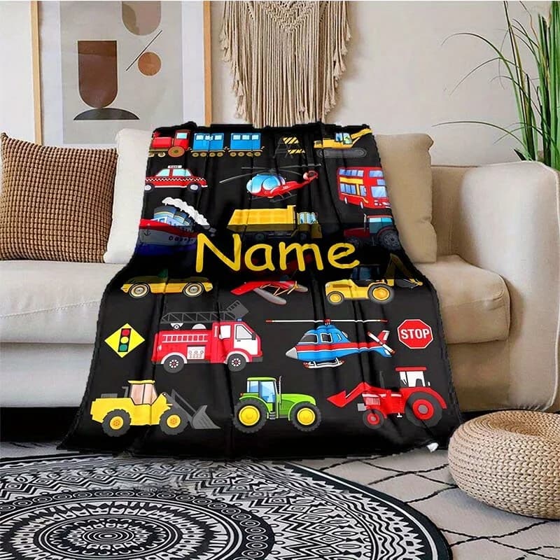 Personalized car name blanket soft flannel cartoon vehicle design, supports name customization