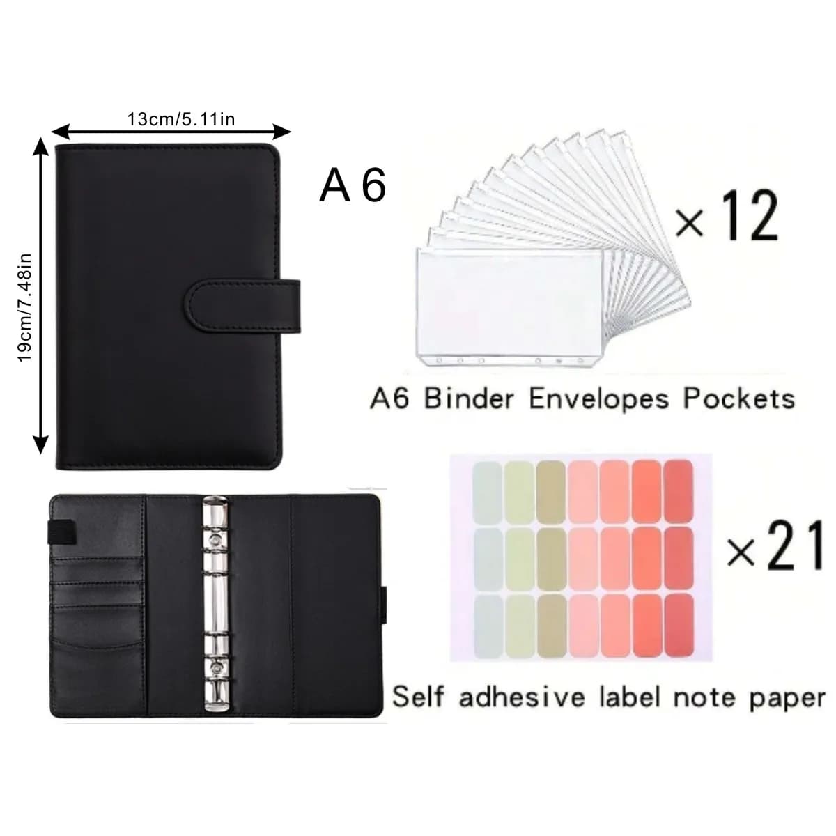 A6 cash savings book budget plan PU leather notebook binder with 12 A6 binder pockets and 21 label papers