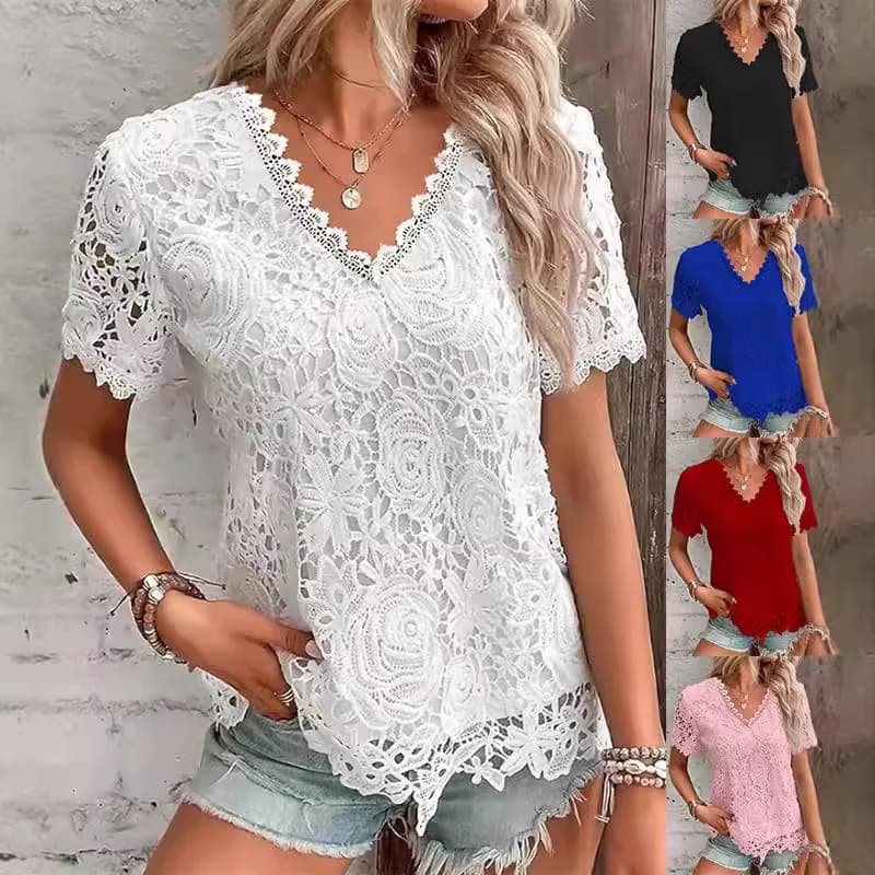 Summer Women's Shirt White Short Sleeve Lace Double Layer Black T-shirt V-neck Elegant Red Fashion Blouse for Female