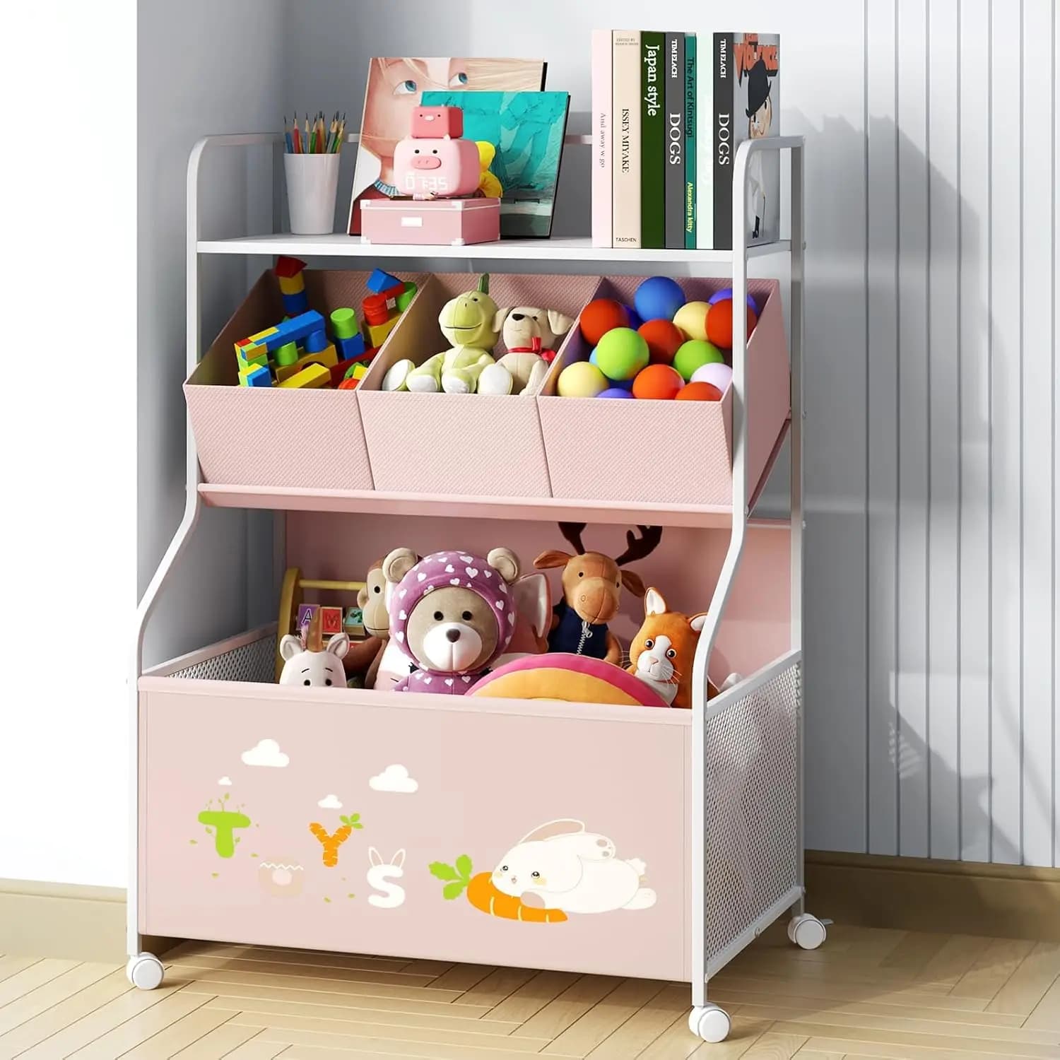 Organizzatore di Giocattoli a 3 Ripiani con Scatole in Tessuto per la Cameretta dei Bambini, Rosa