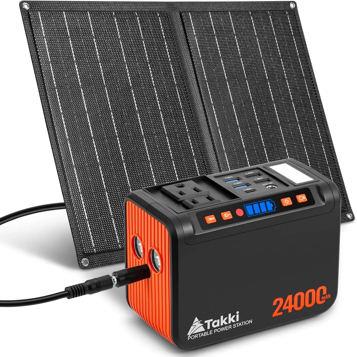 Stazione di Alimentazione Portatile 120W con Pannello Solare 21W, Batteria di Backup 88.8Wh, Presa AC 110V per Campeggio, Camper, Casa ed Emergenze