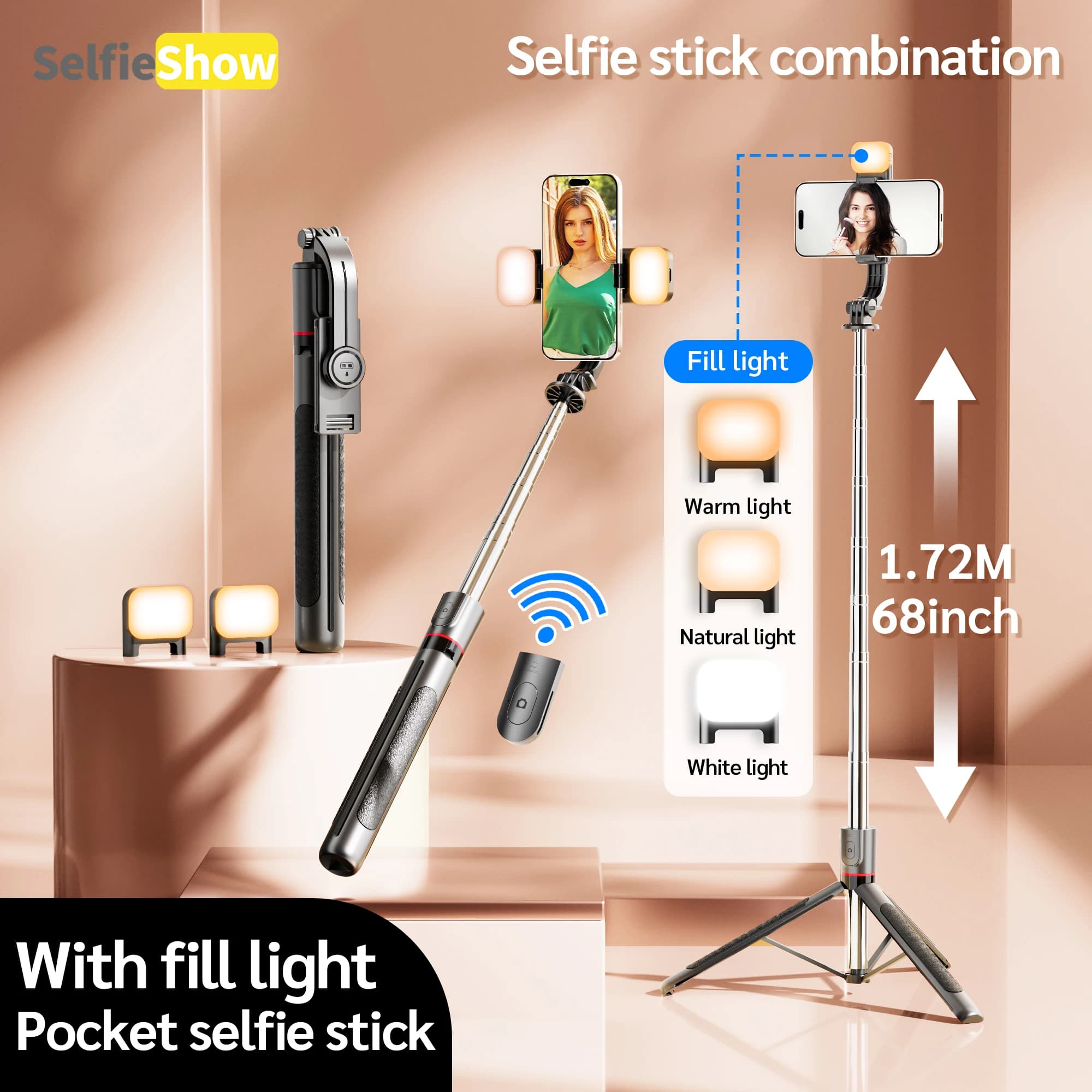 Selfieshow F15 Selfie Stick Treppiede Asta estensibile Supporto per telefono Bluetooth wireless per riprese su smartphone Registrazione video Vlog