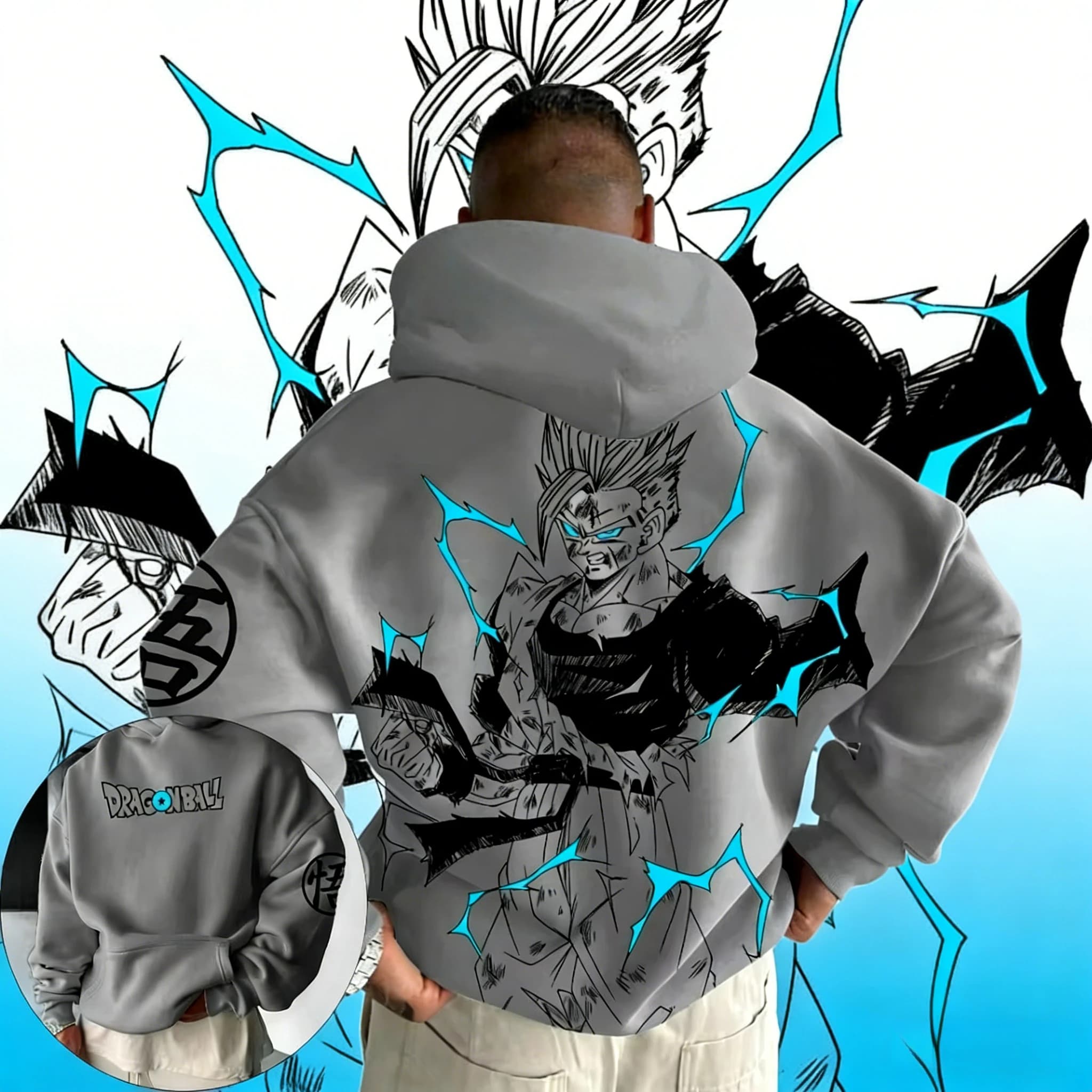 Felpa con Cappuccio in Cotone Dragon Ball Autunno Inverno 2026, Unisex, Stampa Vintage Sketch Gohan Blue Lightning, Pullover per Fan di DBZ