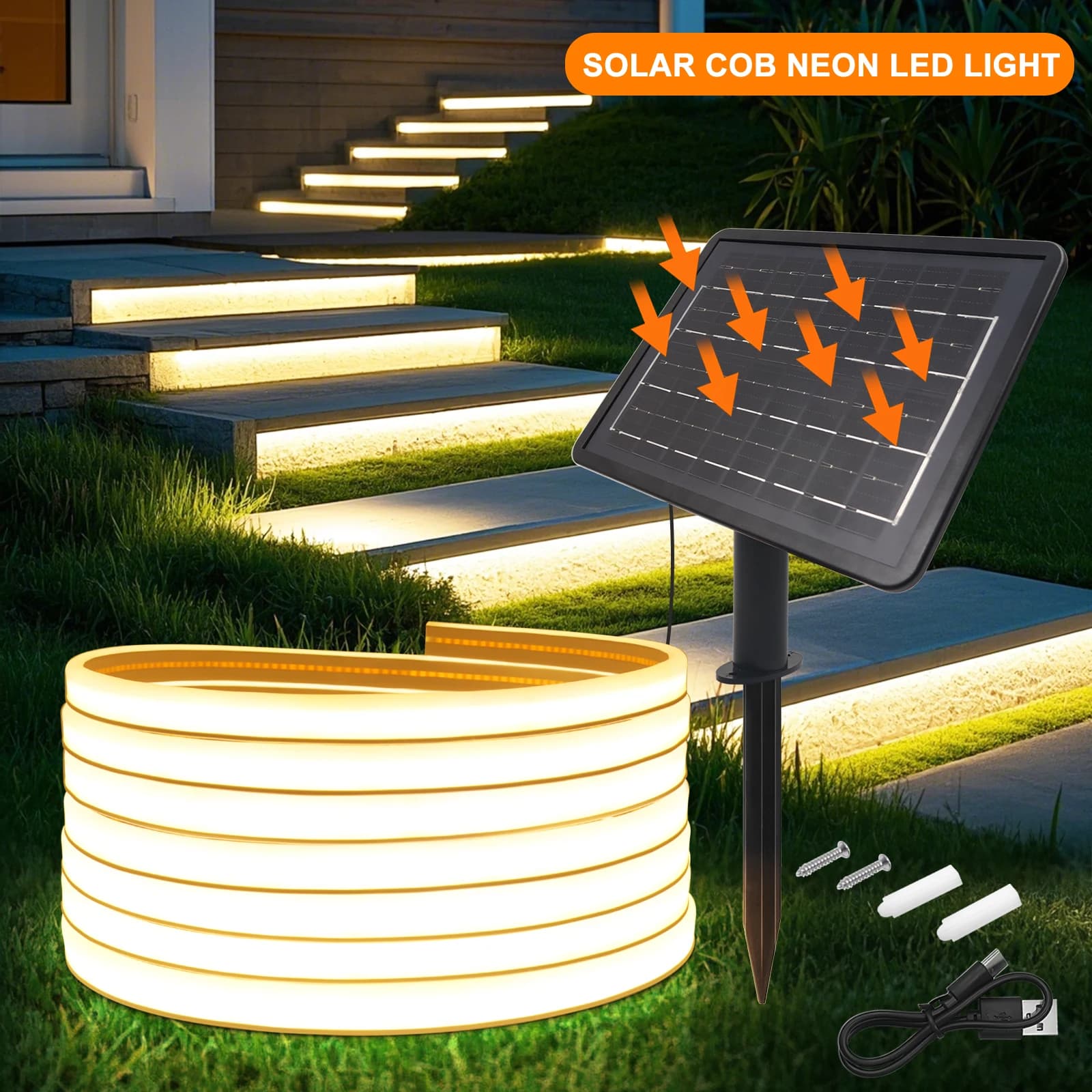 Solar Energy COB LED Strip DC 24V, Waterproof, 3000K 4000K 6000K, 320 LED/M, Home and Garden Decoration, Bright Flexible Tape