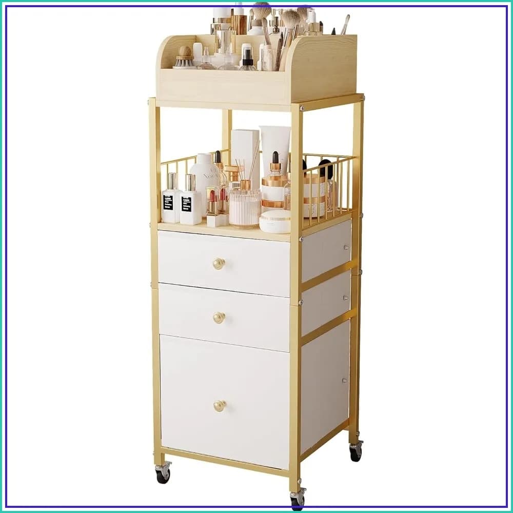 Floor Makeup Organizer Cart with Drawers, 3-Tier Cosmetic Storage for Skincare, Perfume, Nail Polish, Hair Tools, Gold