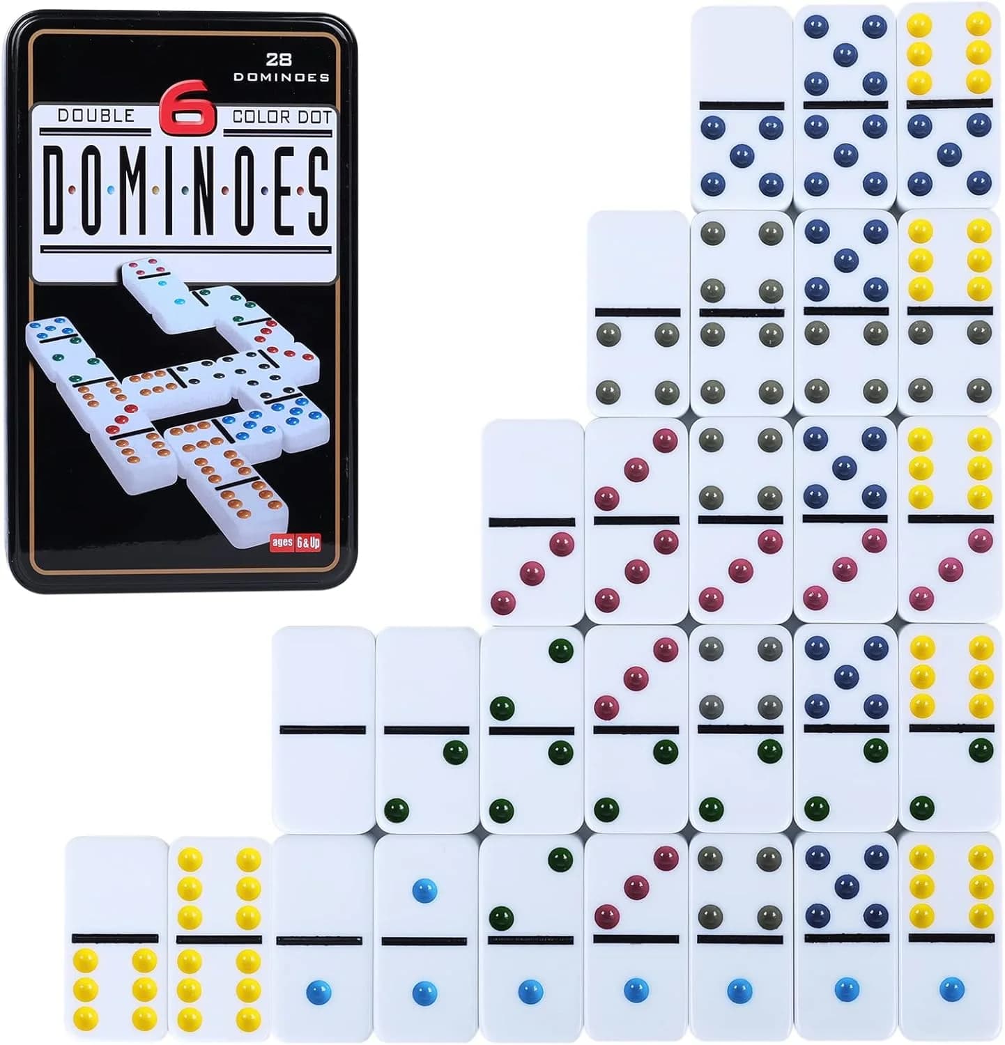 Set of 6 double adult with tin box - Set of domino games with 28 tile colored points for family night travel games