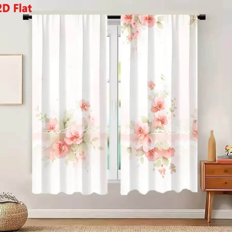 2Pcs Curtains 2D Flat Soft Romantic Floral Design Pastel Pink Cream Roses Lace Trim Vintage Shabby Chic Pattern Window Drapes fo