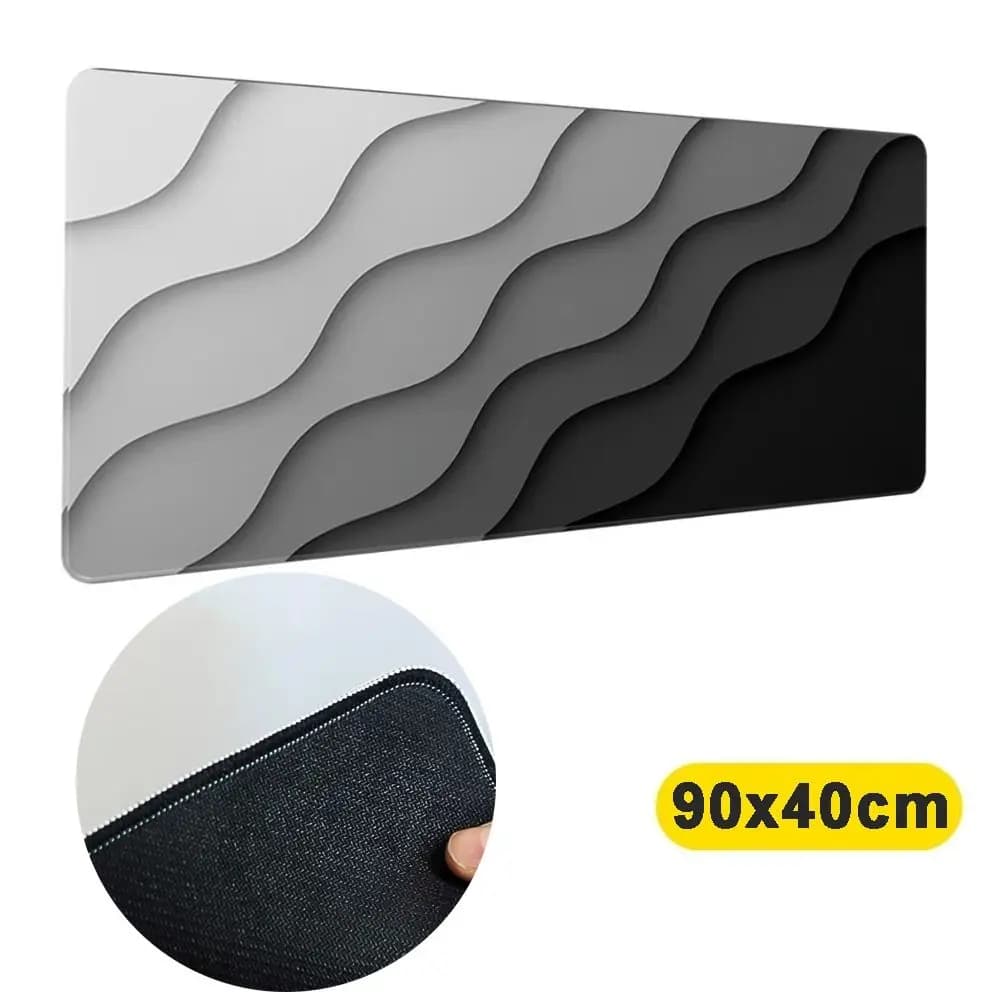 Tappetino per mouse da gioco 90x40 cm Bordi cuciti Modello sfumato Tappetino per mouse ergonomico Nero Grigio Onda Tappetino per scrivania extra large Uso scrivania