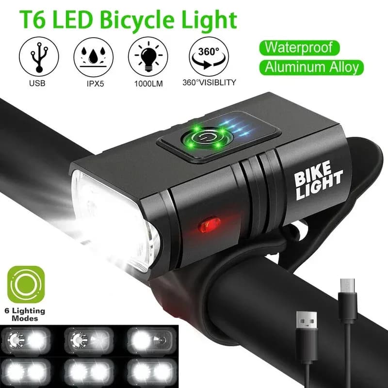 Luce Anteriore per Bicicletta Ricaricabile USB con Indicatore di Carica, Faro LED Impermeabile per Bici, Torcia, Accessori per Ciclismo