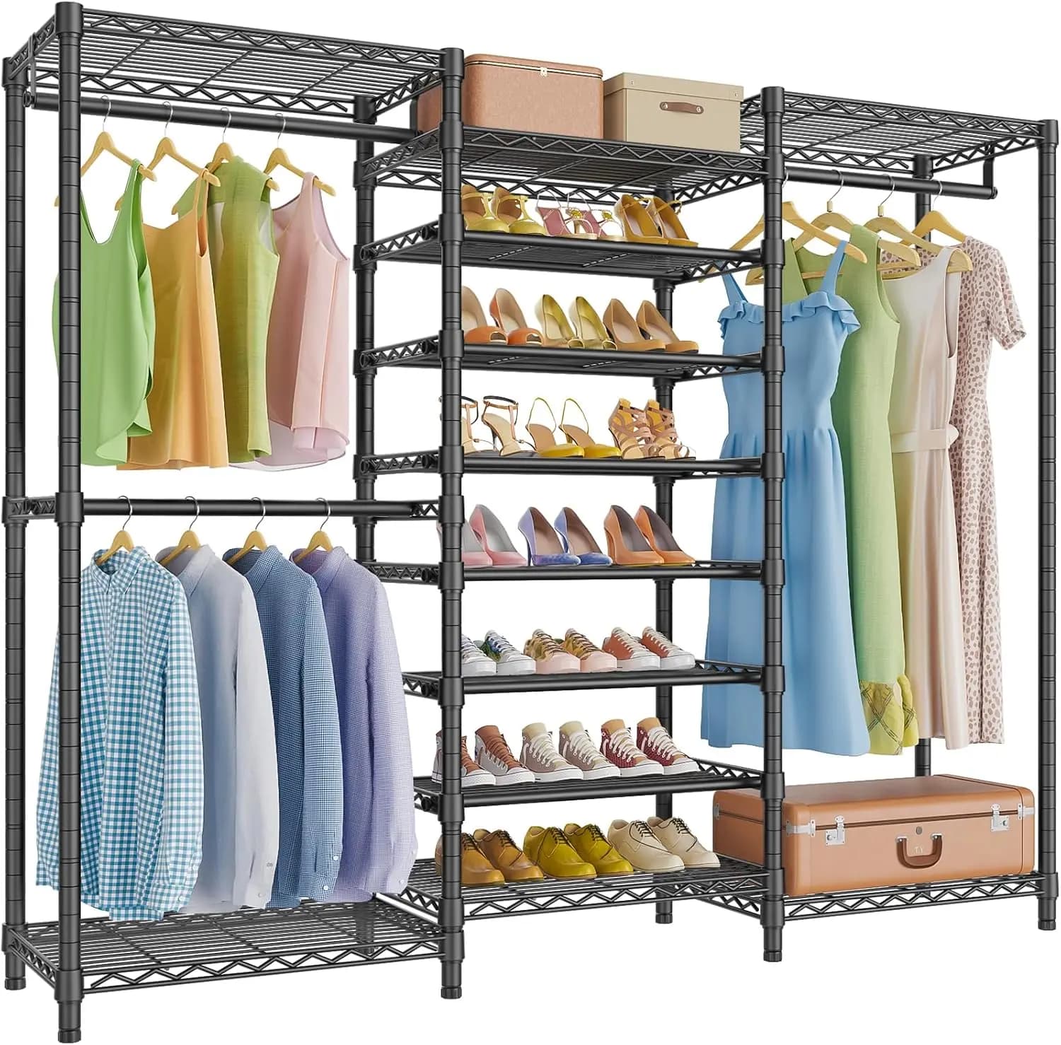 Heavy Duty Metal Clothing Rack with 8-Tier Shoe Shelf, Large Free Standing Closet Organizer with Hanging Rods for Clothes Storage, Matte Black Finish