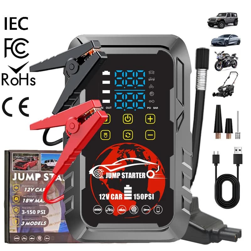 Avviatore d'Emergenza per Auto con Compressore d'Aria Integrato, Gonfiatore Digitale per Pneumatici e Booster per Batteria Tutto in Uno