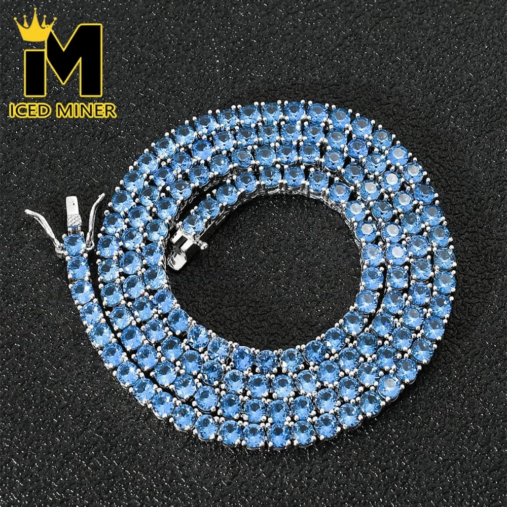 Collana Tennis Iced Out con Zirconi Blu Chiaro Icedminer da 4mm per Uomo Donna, Gioielli Hip Hop, Spedizione Gratuita