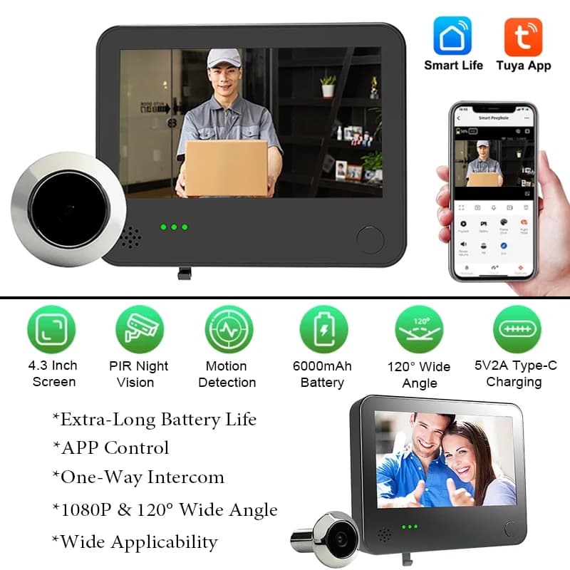 Campanello Intelligente Tuya con Display IPS da 4,3 Pollici, Videocitofono, Visione Notturna, Rilevamento Movimento PIR, Campanello Visivo per Sicurezza Domestica