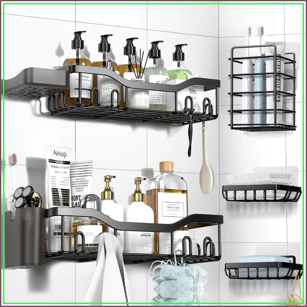 7-Pack Adhesive Shower Caddy Set, Rustproof Stainless Steel, No-Drill Bathroom Organizer with Soap Dish, Toothbrush Holder & 24 Hooks